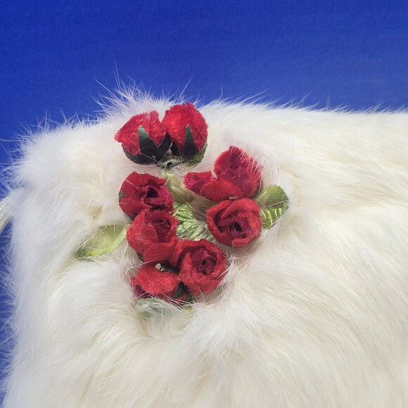 Vintage Small White Furry Muff with Red Velvet Flowers - Picture 2 of 8